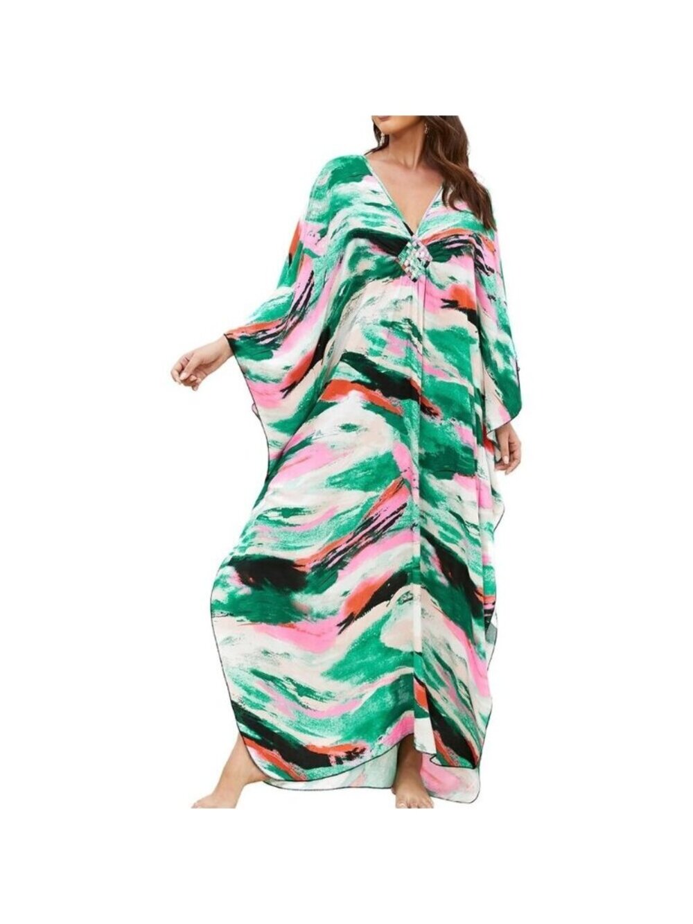 Women Green Graffiti V-neck Batwing Sleeve Flowy Split Hem Bohemian Kaftan Dress